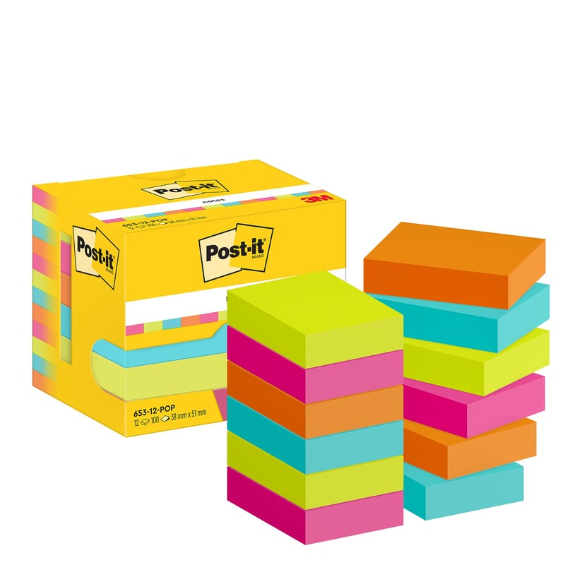 Lot de 12 blocs de notes repositionnables Post-it multicolores, 1200 feuilles, 38 x 51 mm