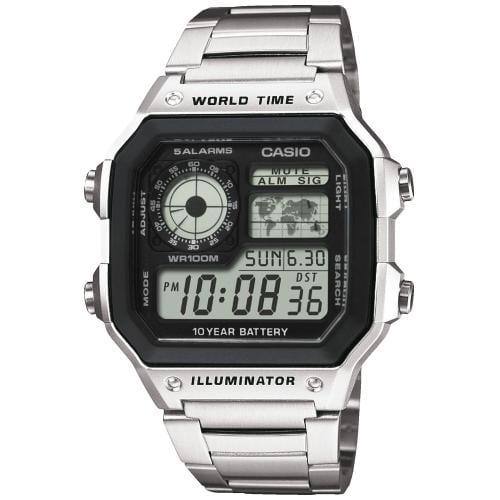 Montre numérique Casio Collection AE-1200WHD-1AVEF, bracelet acier, heure mondiale, 10 bar