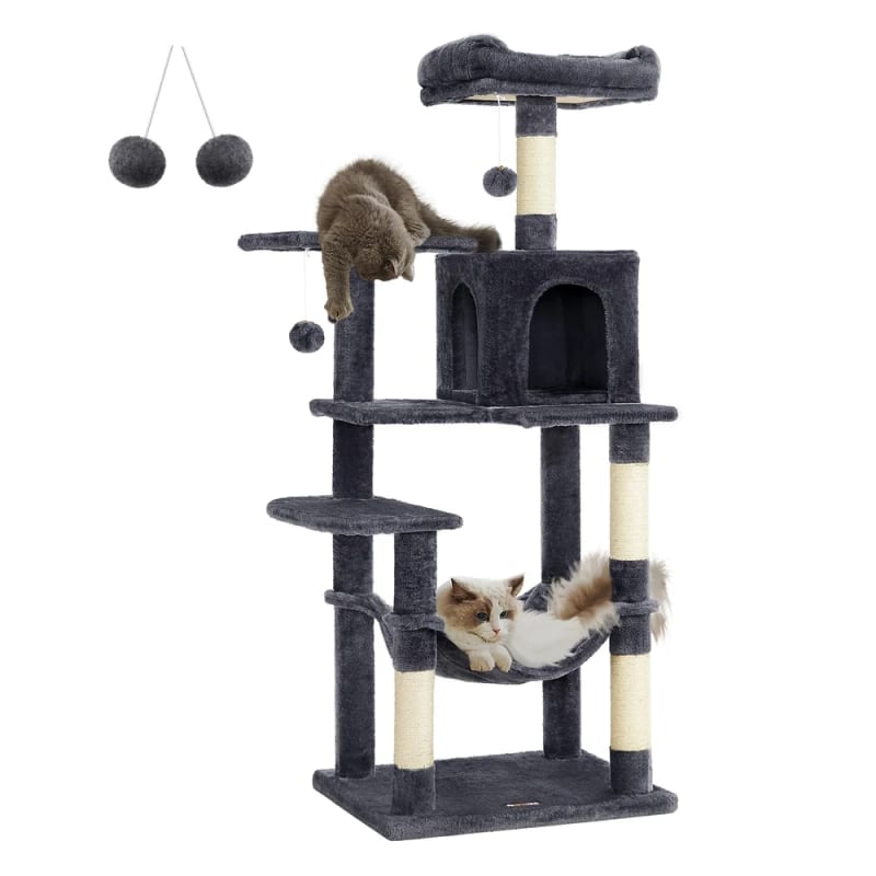 Arbre à chat Feandrea PCT161W01 avec niche, hamac et 4 poteaux à griffer, 143 cm – avec code promo